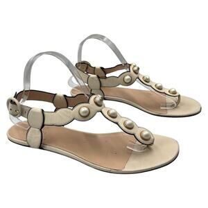 Gucci Ivory Pearl-Accent Leather T-Strap Sandals